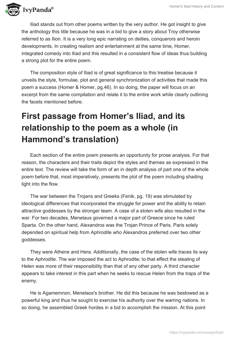 Homer's "The Iliad" History and Content. Page 2