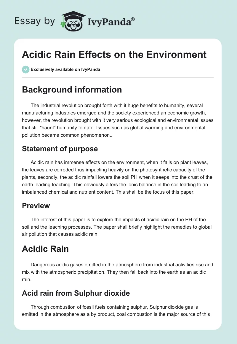Acidic Rain Effects on the Environment. Page 1