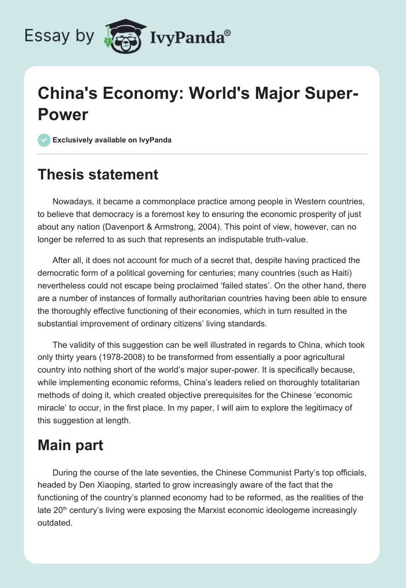 China's Economy: World's Major Super-Power. Page 1