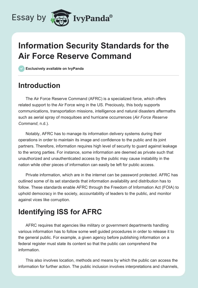 Information Security Standards for the Air Force Reserve Command. Page 1