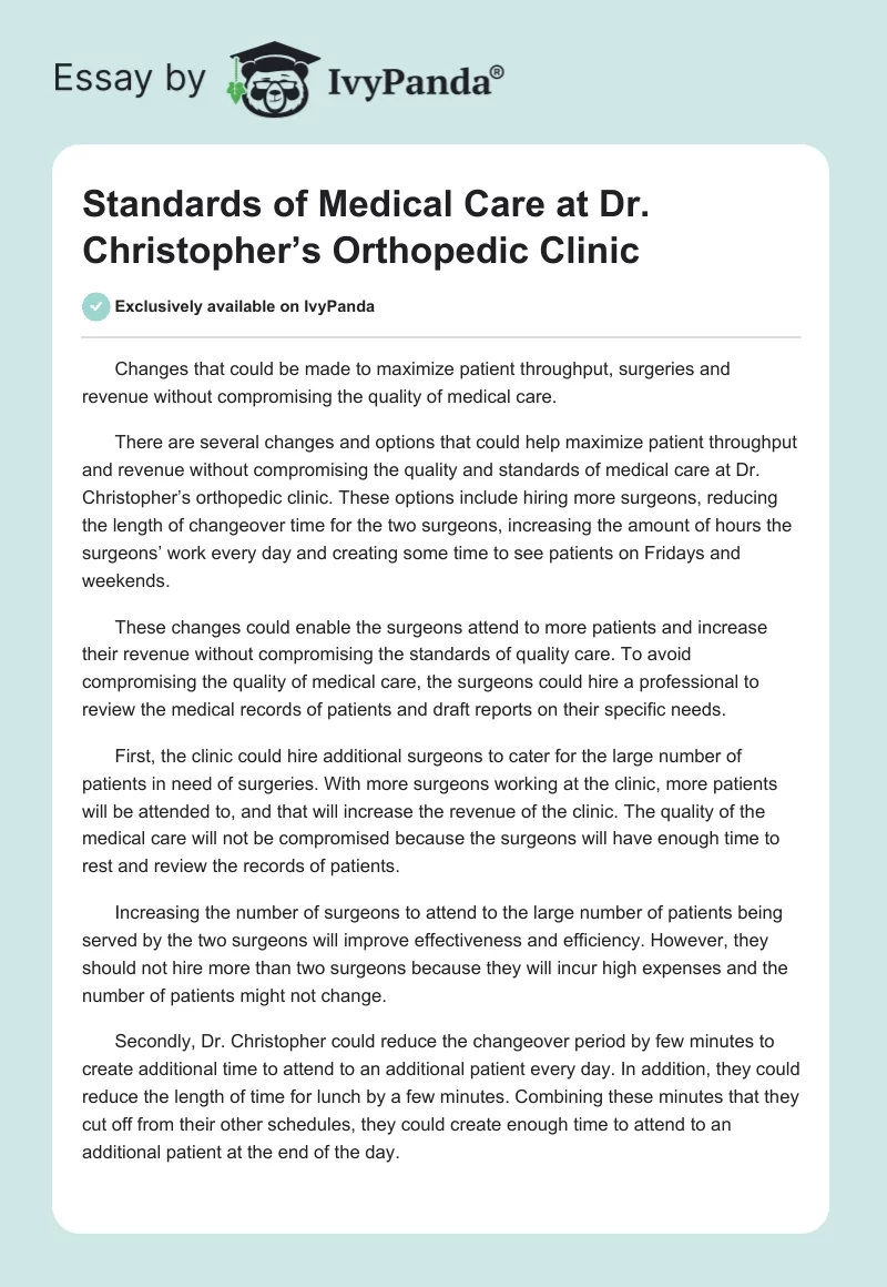 Standards of Medical Care at Dr. Christopher’s Orthopedic Clinic. Page 1