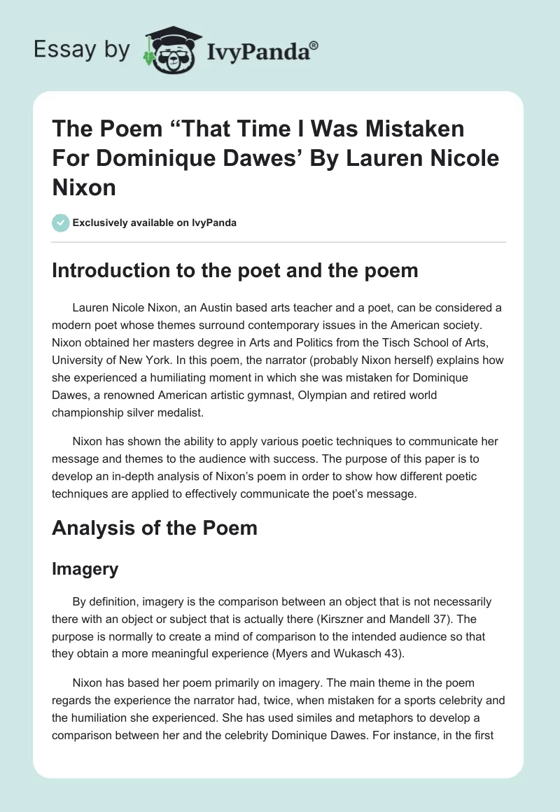 The Poem “That Time I Was Mistaken For Dominique Dawes’ By Lauren Nicole Nixon. Page 1
