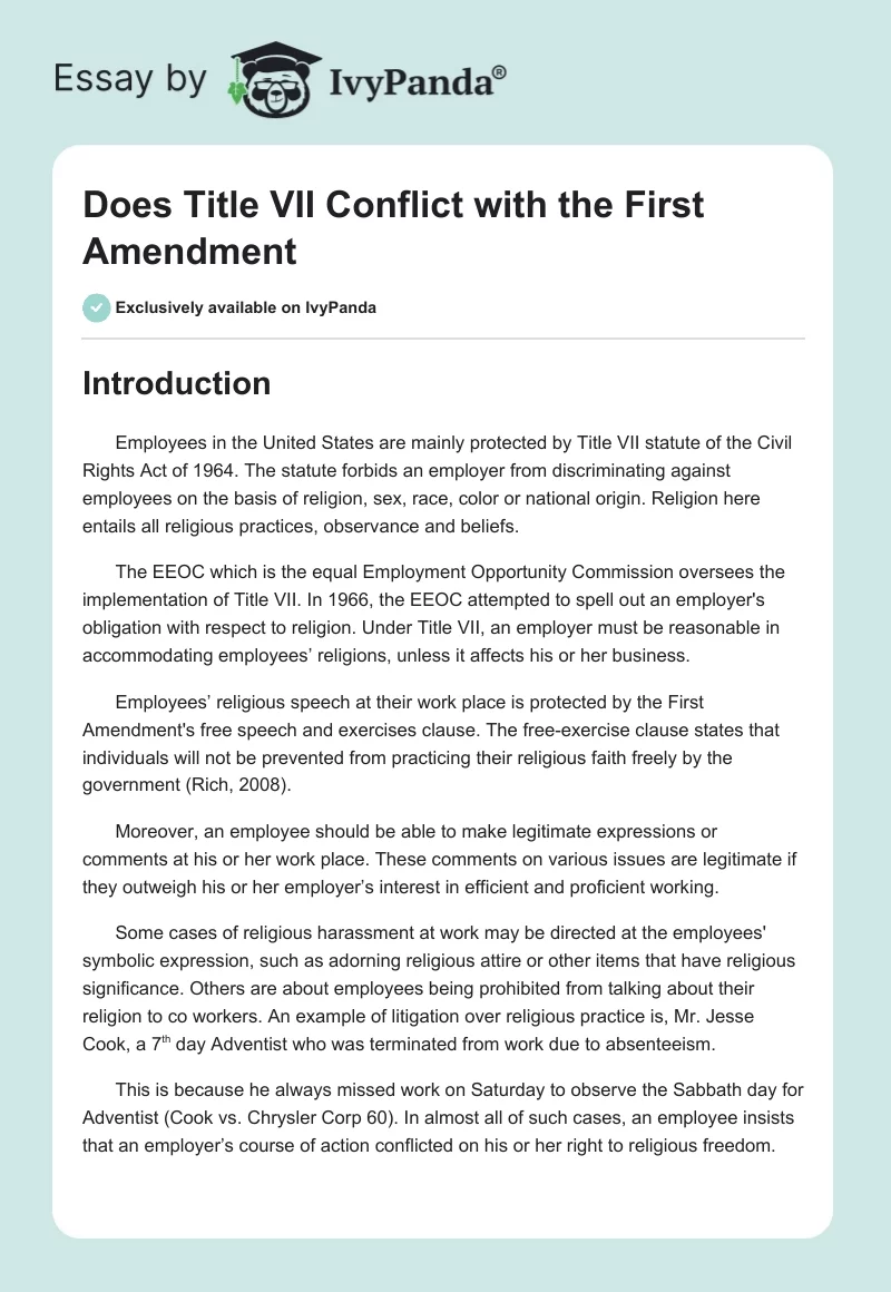 Does Title VII Conflict With the First Amendment. Page 1