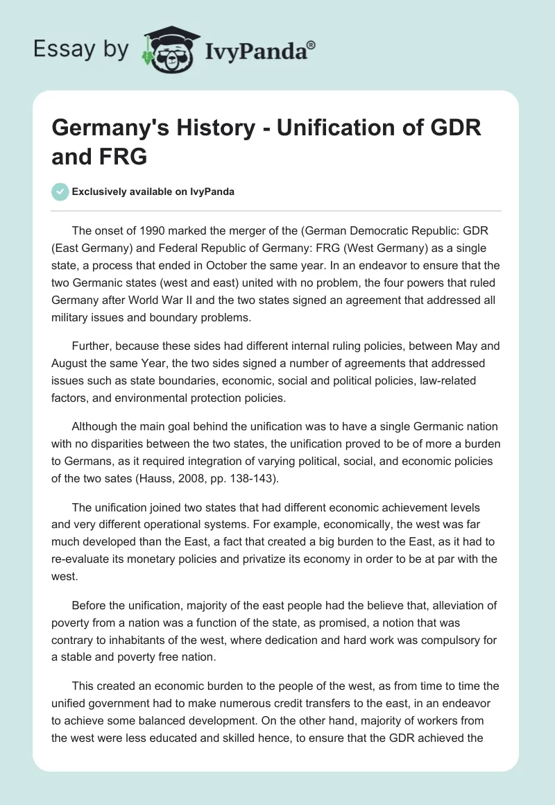 Germany's History - Unification of GDR and FRG. Page 1