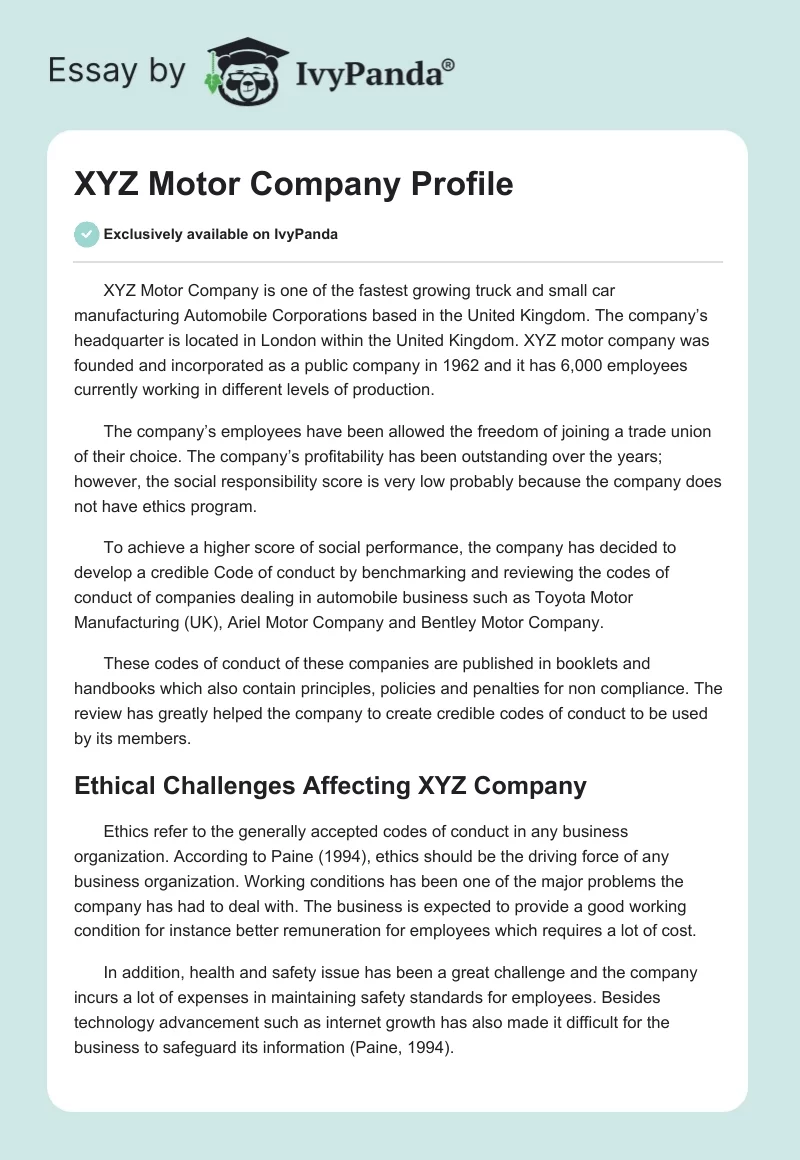 XYZ Motor Company Profile. Page 1