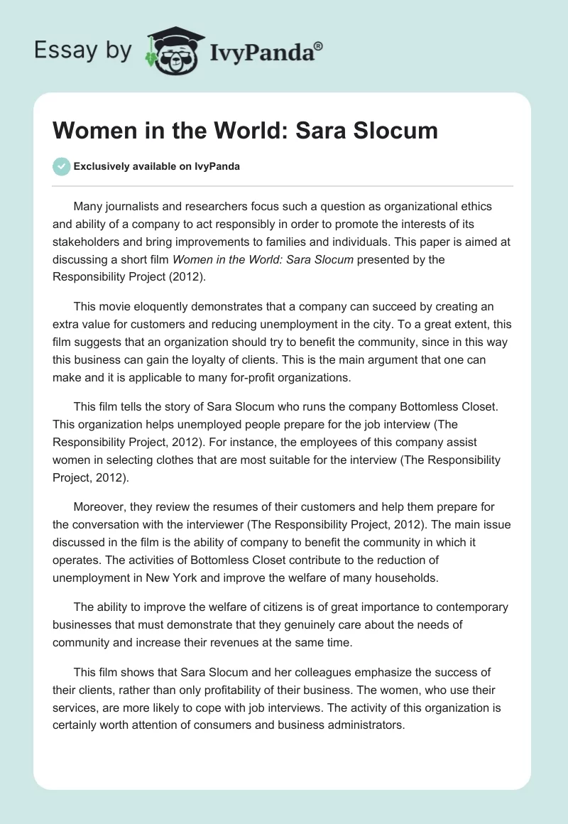 Women in the World: Sara Slocum. Page 1