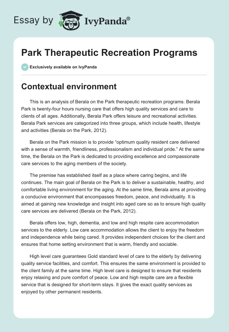 Park Therapeutic Recreation Programs. Page 1