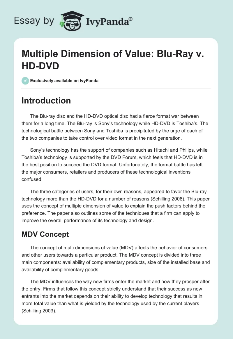 Multiple Dimension of Value: Blu-Ray v. HD-DVD. Page 1