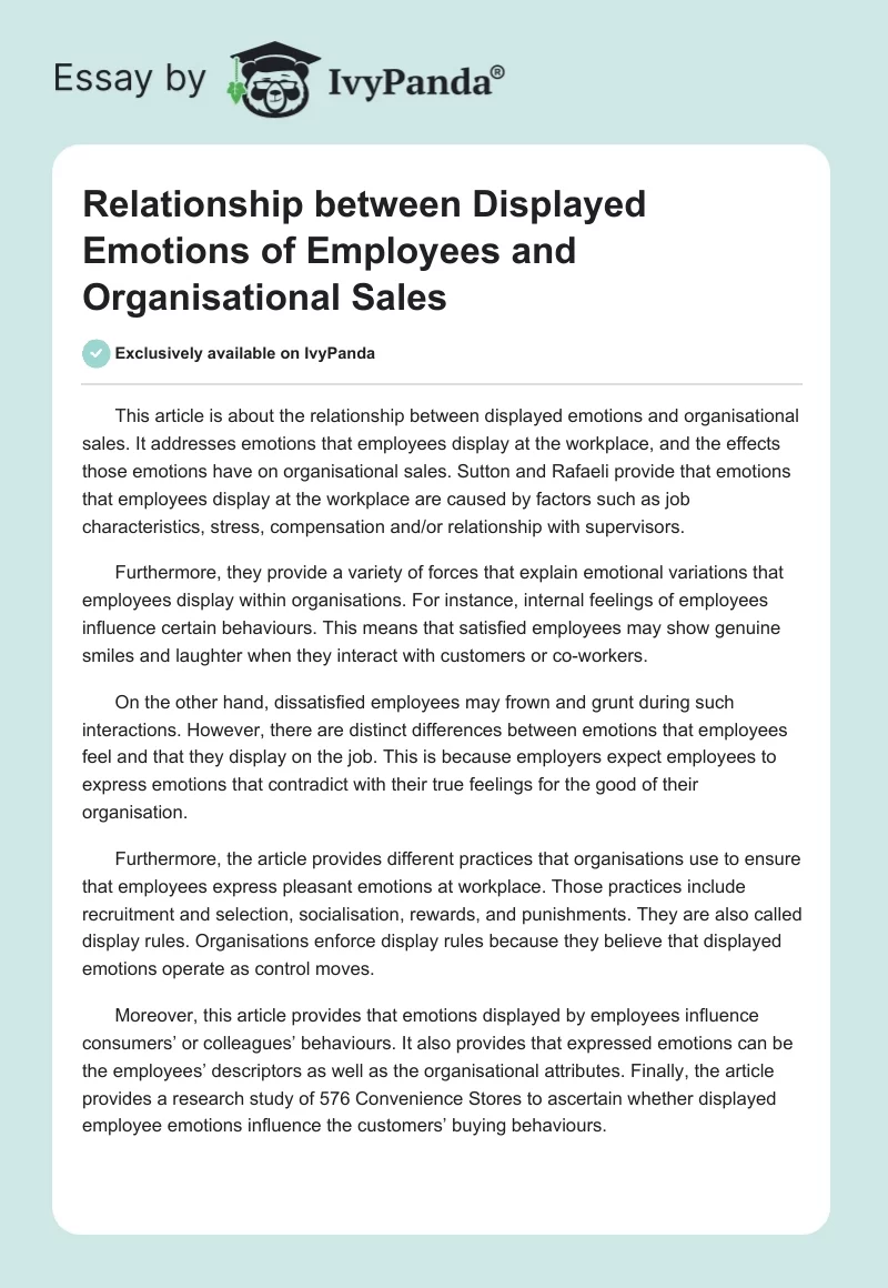 Relationship between Displayed Emotions of Employees and Organisational Sales. Page 1