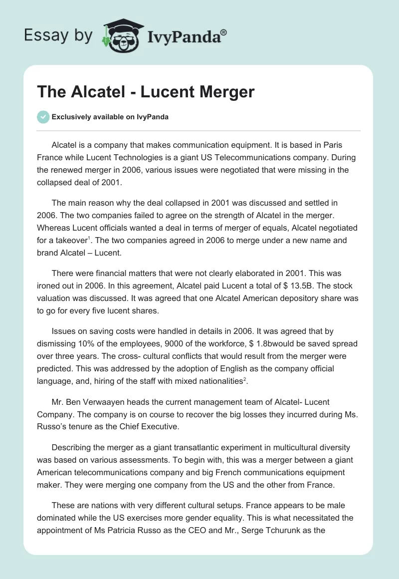 The Alcatel - Lucent Merger. Page 1