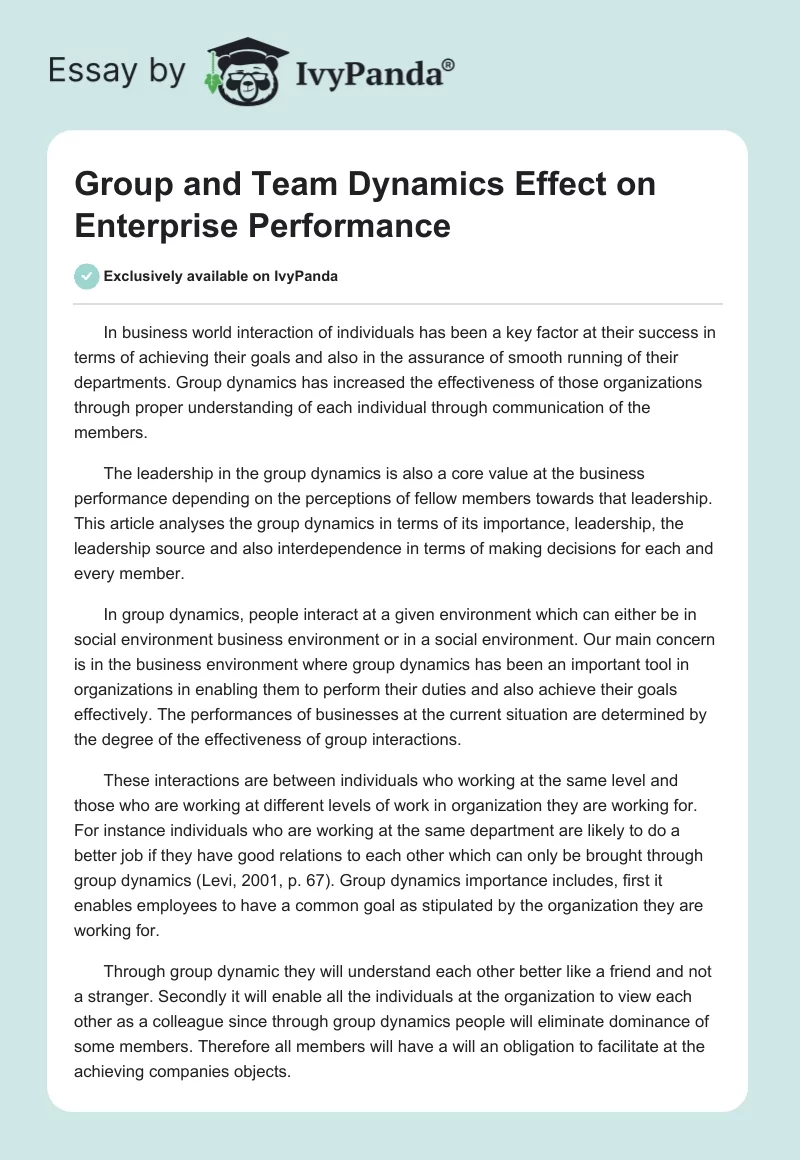 Group and Team Dynamics Effect on Enterprise Performance. Page 1