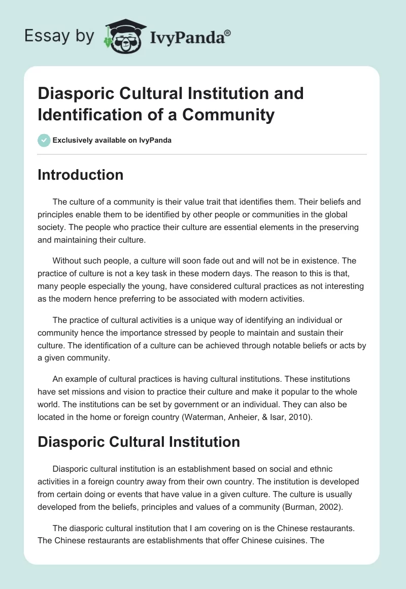 Diasporic Cultural Institution and Identification of a Community. Page 1