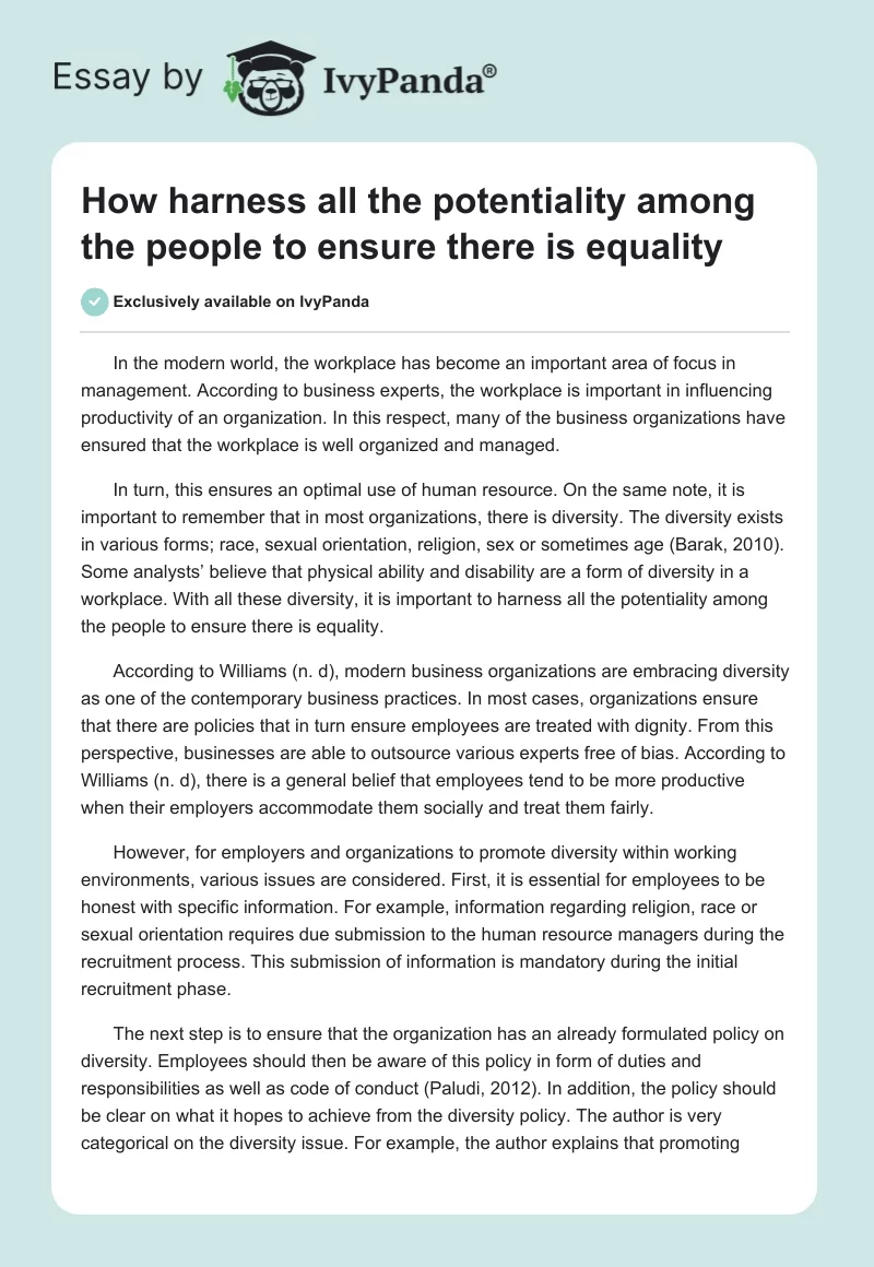 How harness all the potentiality among the people to ensure there is equality. Page 1