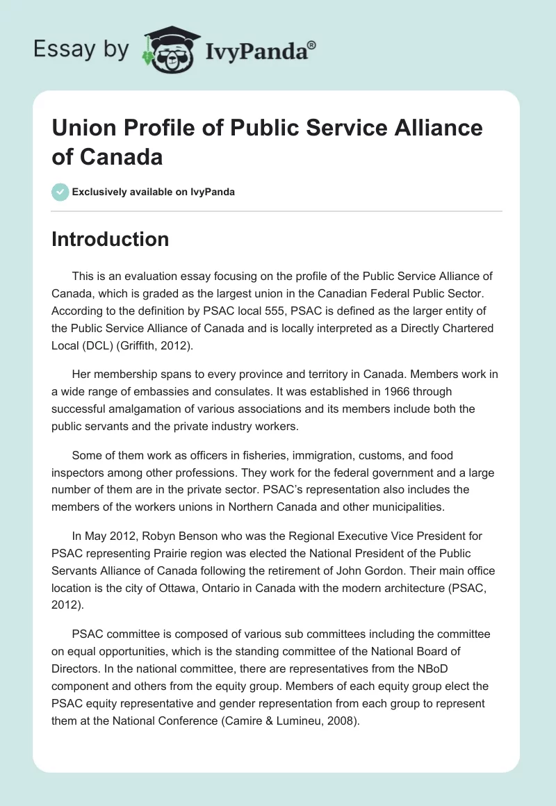 Union Profile of Public Service Alliance of Canada. Page 1