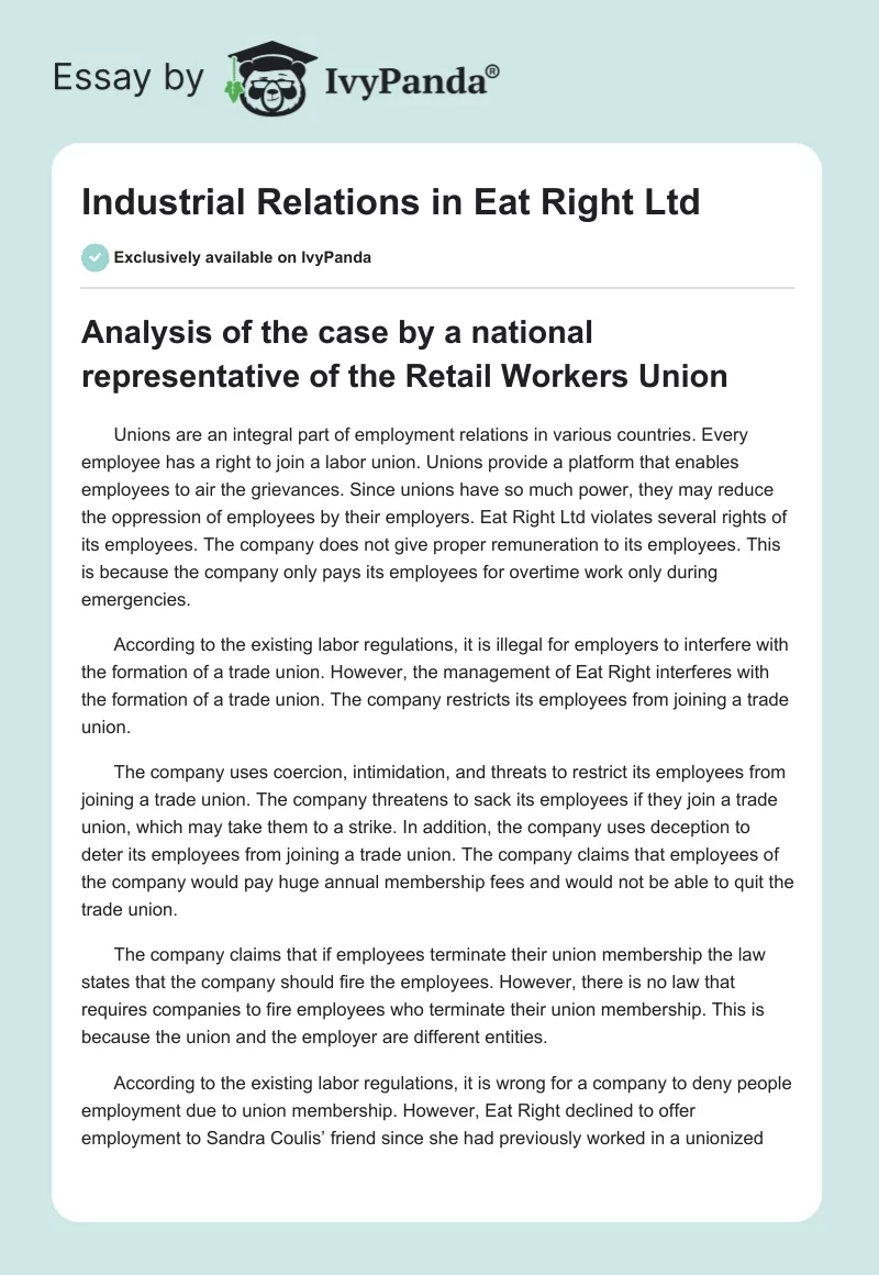 Industrial Relations in Eat Right Ltd. Page 1
