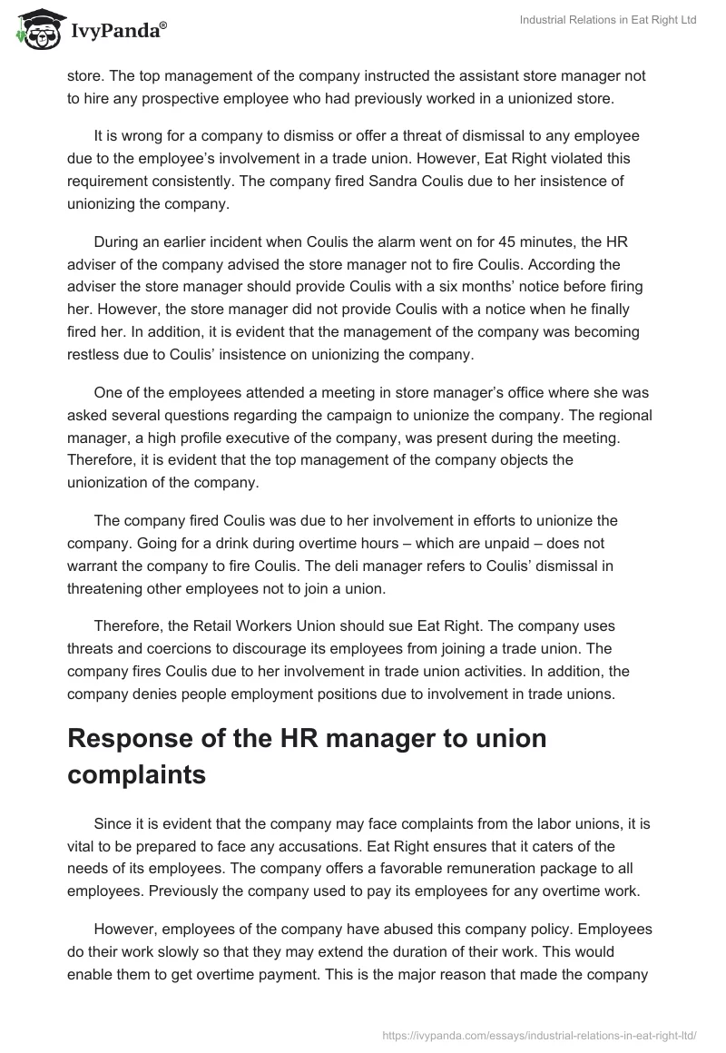Industrial Relations in Eat Right Ltd. Page 2
