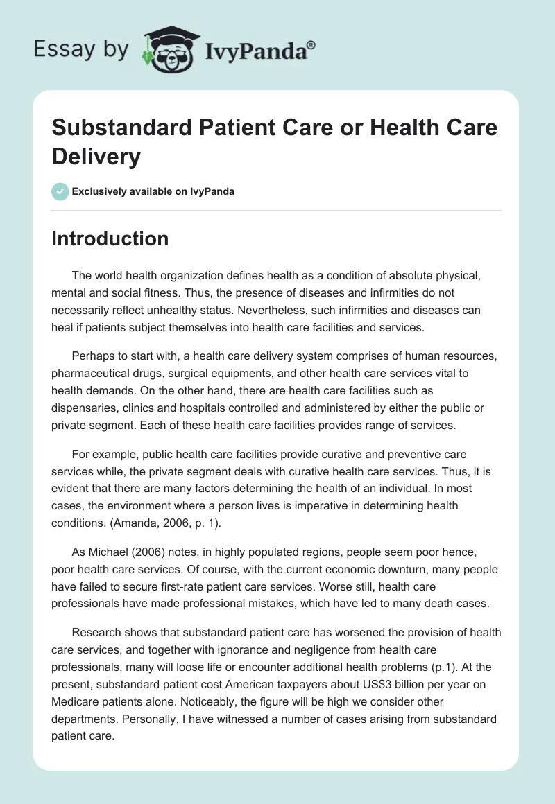 Substandard Patient Care or Health Care Delivery. Page 1