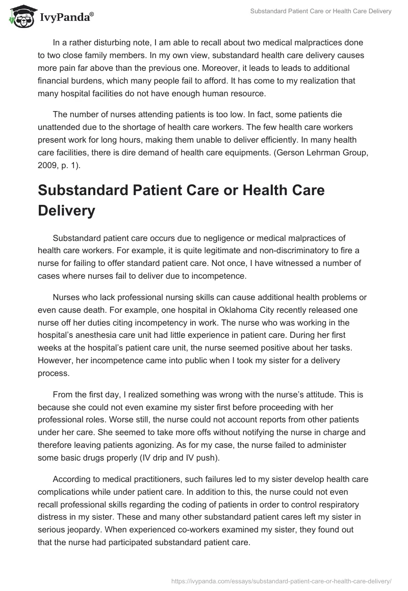 Substandard Patient Care or Health Care Delivery. Page 2