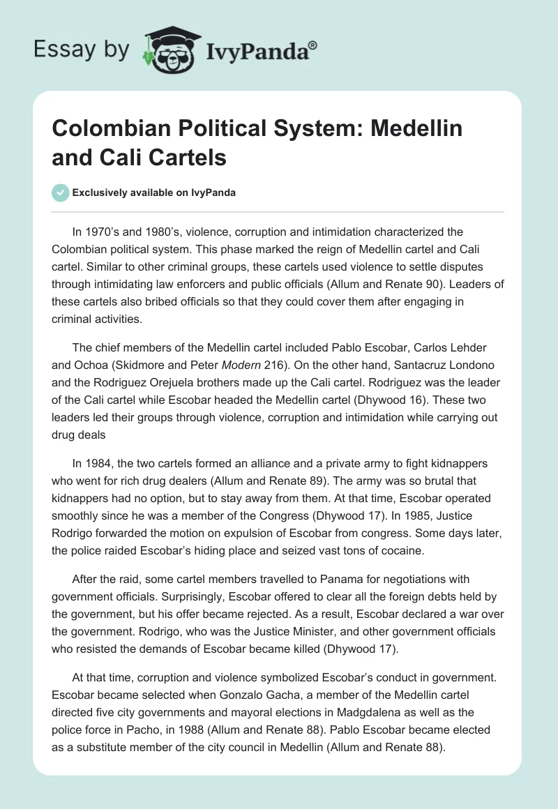 Colombian Political System: Medellin and Cali Cartels. Page 1