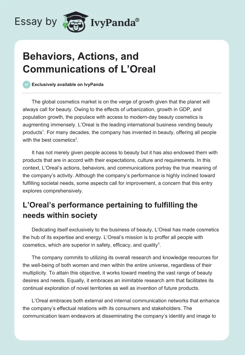Behaviors, Actions, and Communications of L’Oreal. Page 1