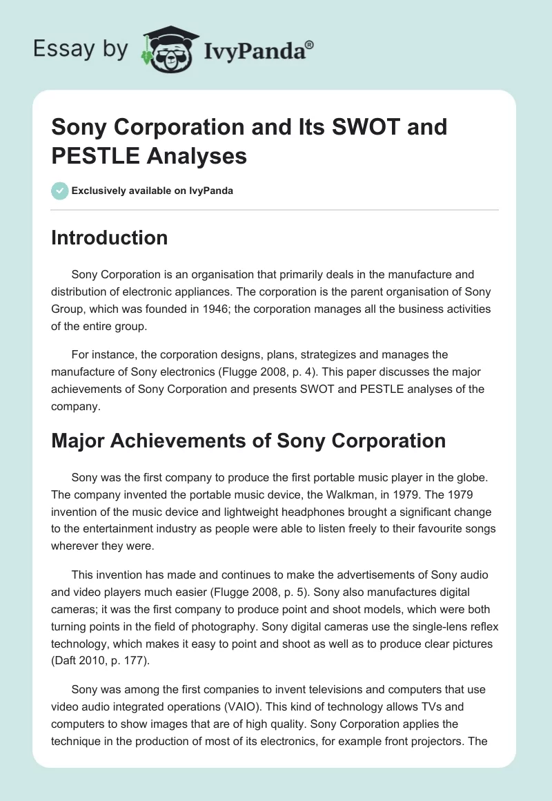 Sony Corporation and Its SWOT and PESTLE Analyses. Page 1