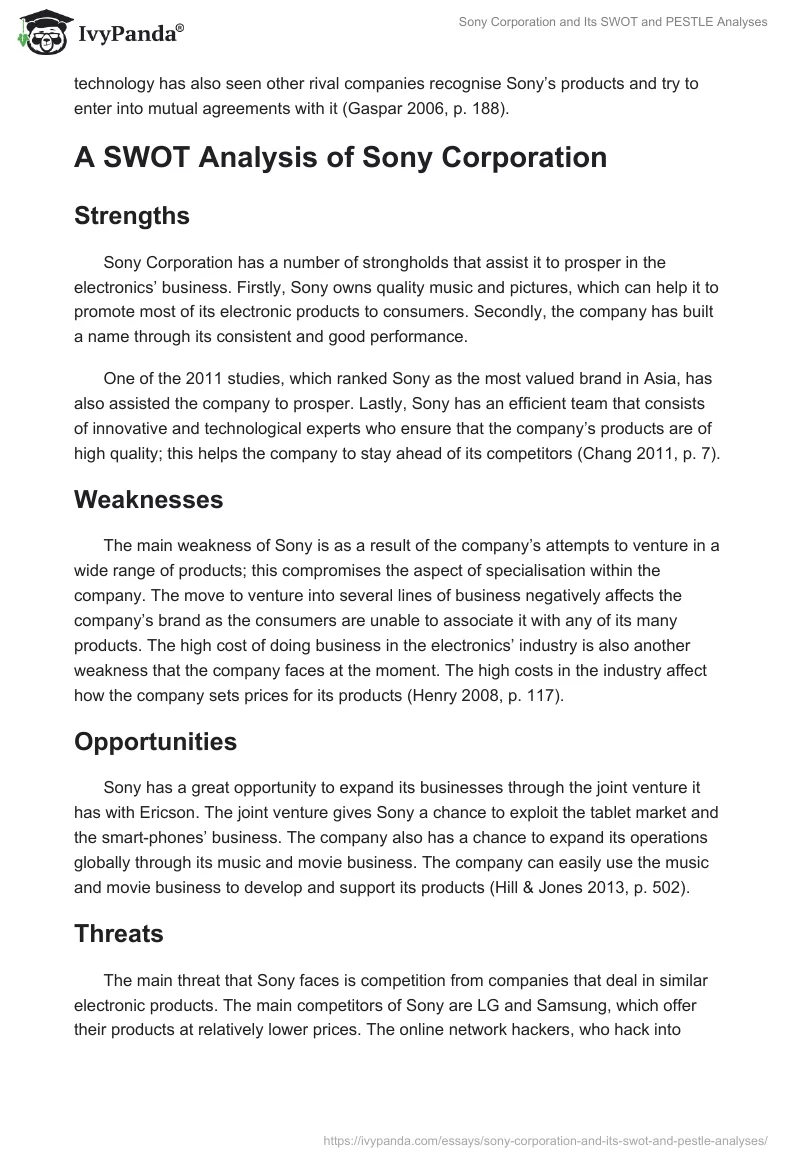 Sony Corporation and Its SWOT and PESTLE Analyses. Page 2