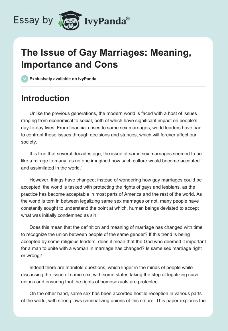 The Issue of Gay Marriages: Meaning, Importance and Cons. Page 1