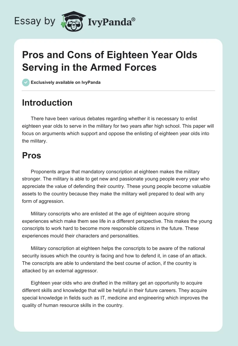 Pros and Cons of Eighteen Year Olds Serving in the Armed Forces. Page 1