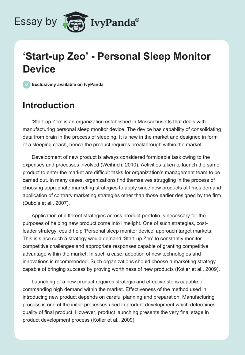 ‘Start-up Zeo’ - Personal Sleep Monitor Device. Page 1