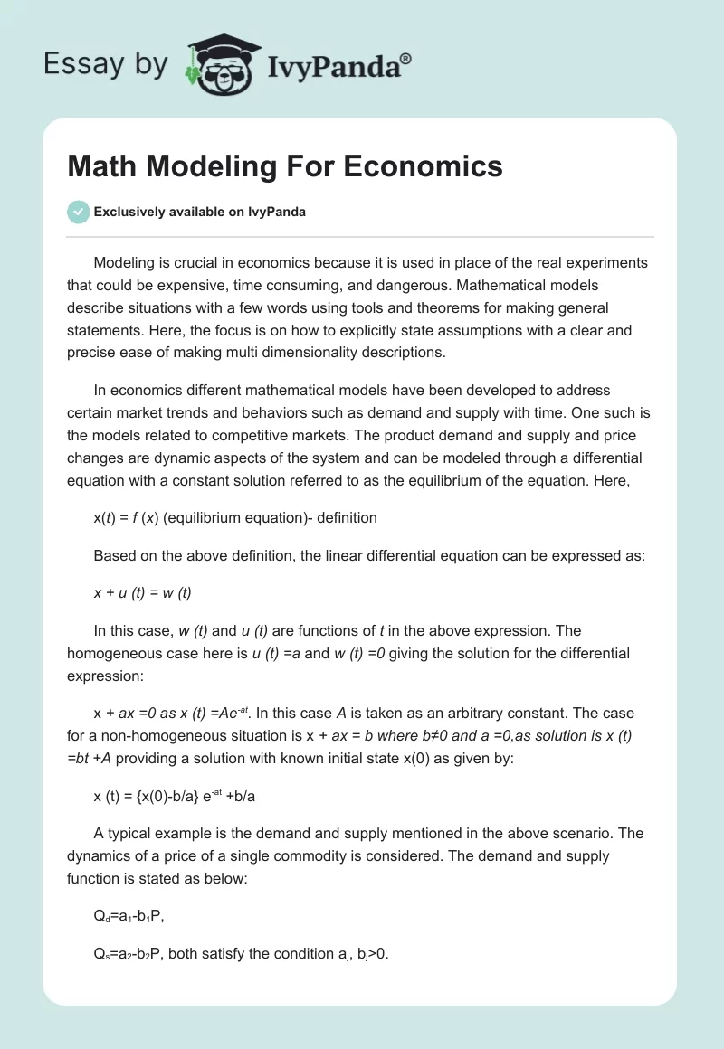 Math Modeling For Economics. Page 1