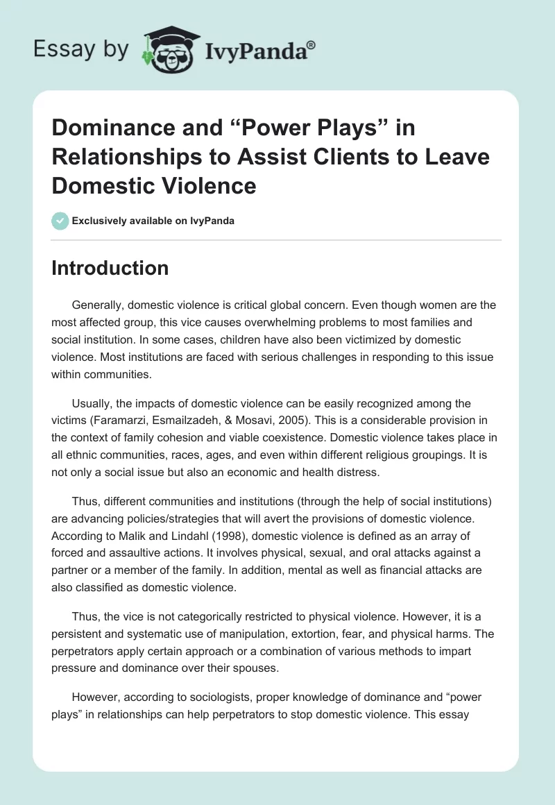 Dominance and “Power Plays” in Relationships to Assist Clients to Leave Domestic Violence. Page 1