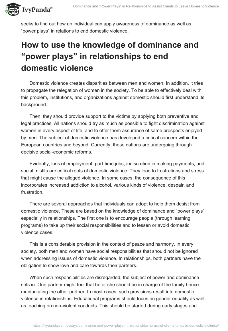 Dominance and “Power Plays” in Relationships to Assist Clients to Leave Domestic Violence. Page 2
