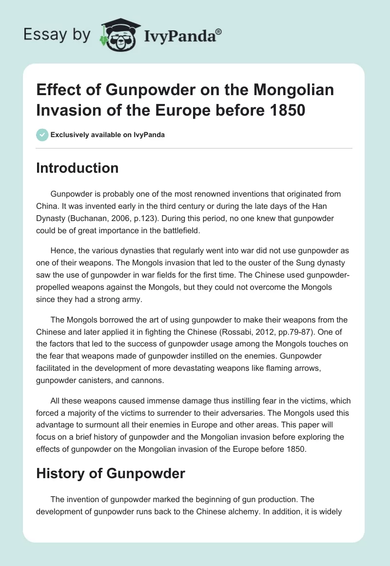 Effect of Gunpowder on the Mongolian Invasion of the Europe before 1850. Page 1