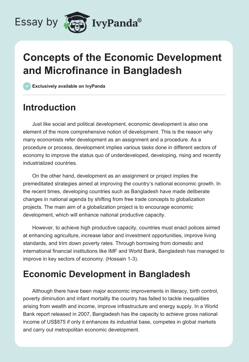 Concepts of the Economic Development and Microfinance in Bangladesh. Page 1