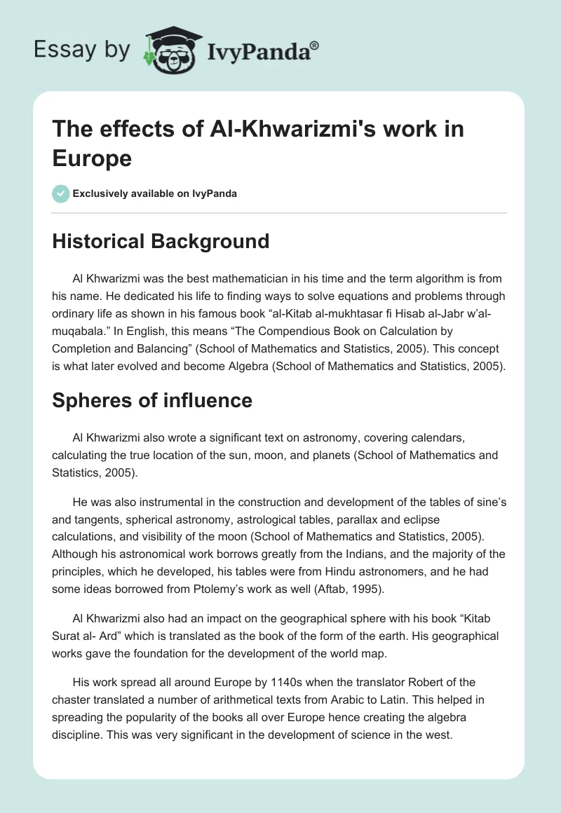 The effects of Al-Khwarizmi's work in Europe. Page 1