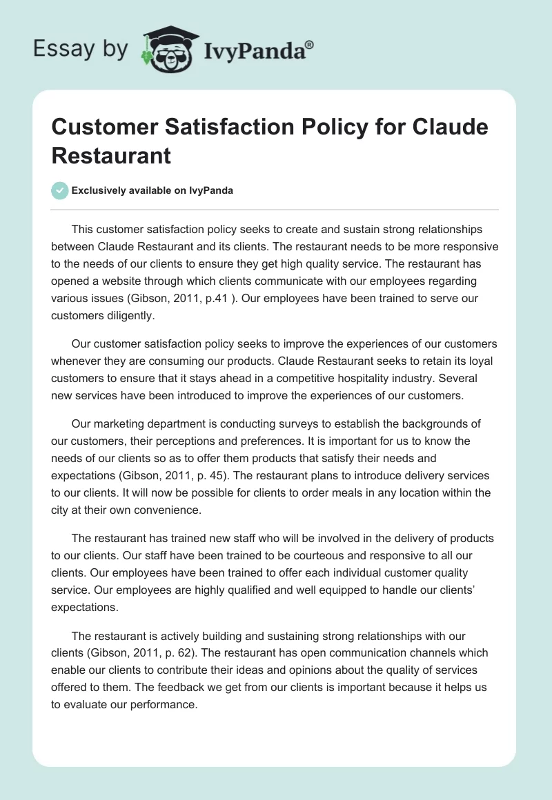 Customer Satisfaction Policy for Claude Restaurant. Page 1