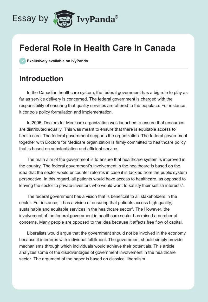 Federal Role in Health Care in Canada. Page 1