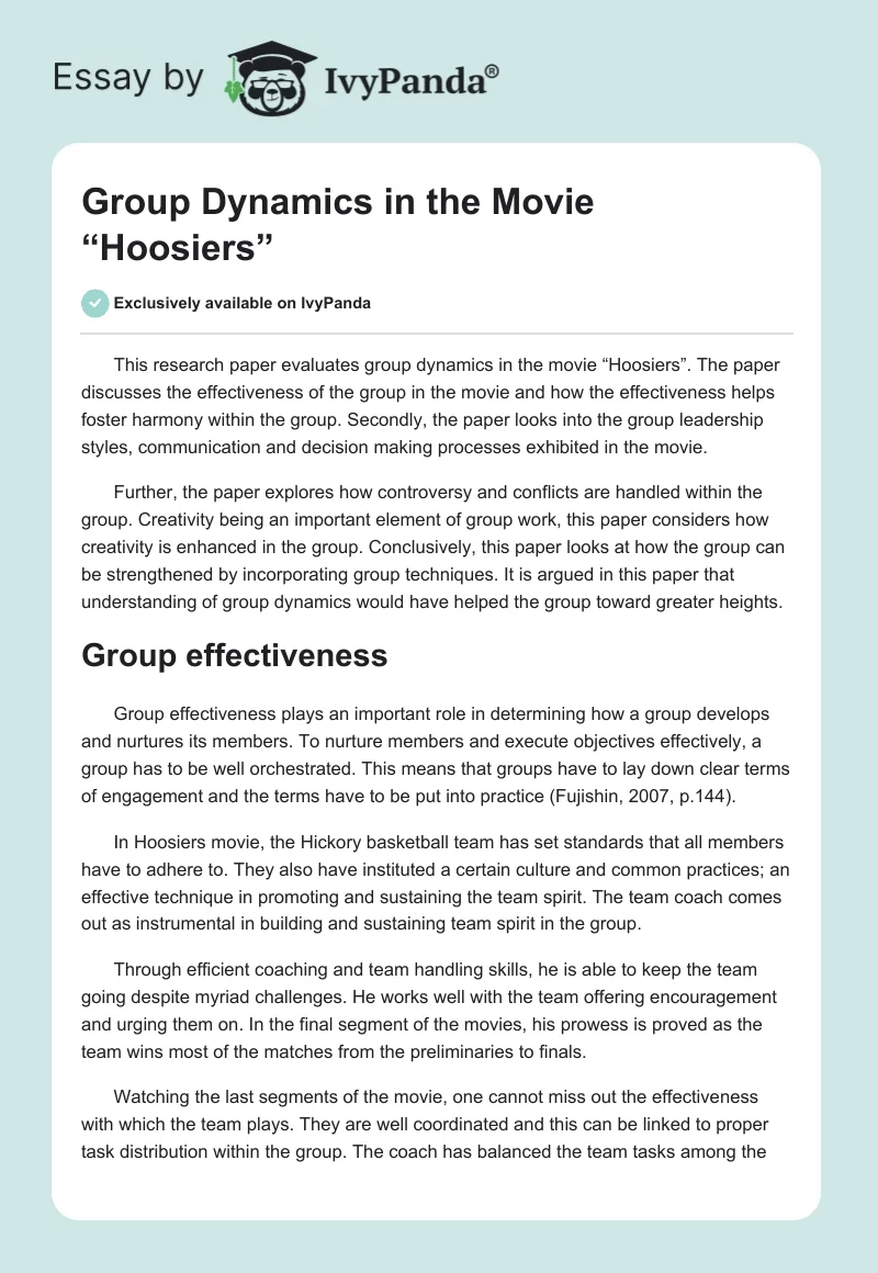Group Dynamics in the Movie “Hoosiers”. Page 1