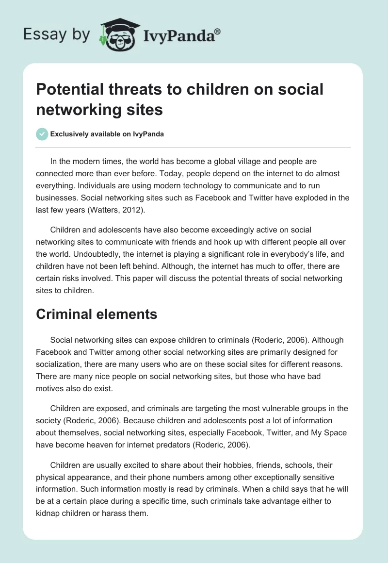 Potential threats to children on social networking sites. Page 1