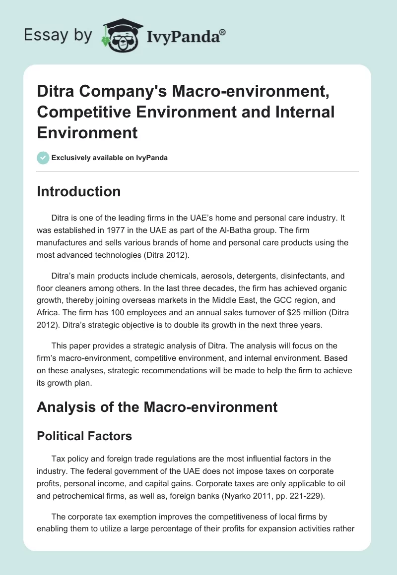 Ditra Company's Macro-environment, Competitive Environment and Internal Environment. Page 1