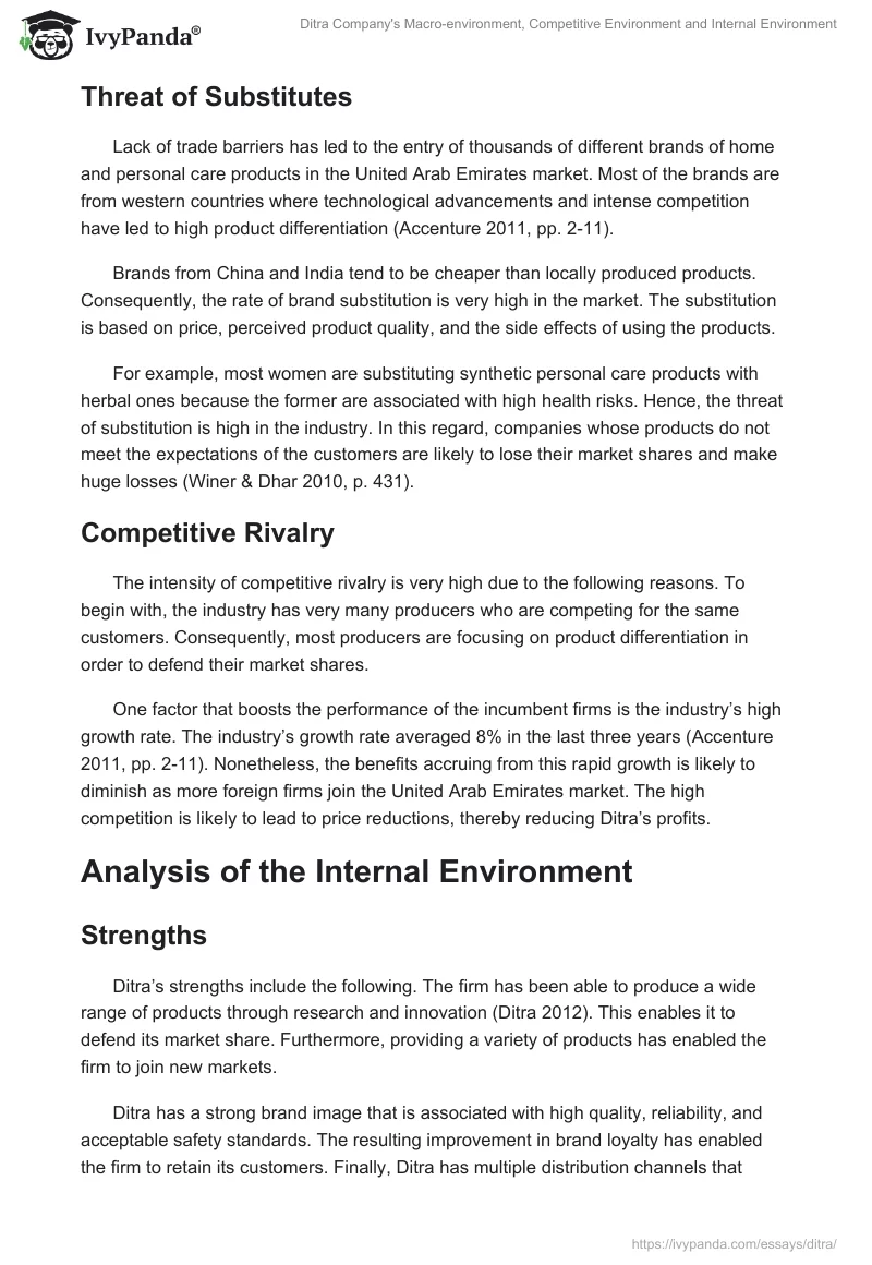 Ditra Company's Macro-environment, Competitive Environment and Internal Environment. Page 5