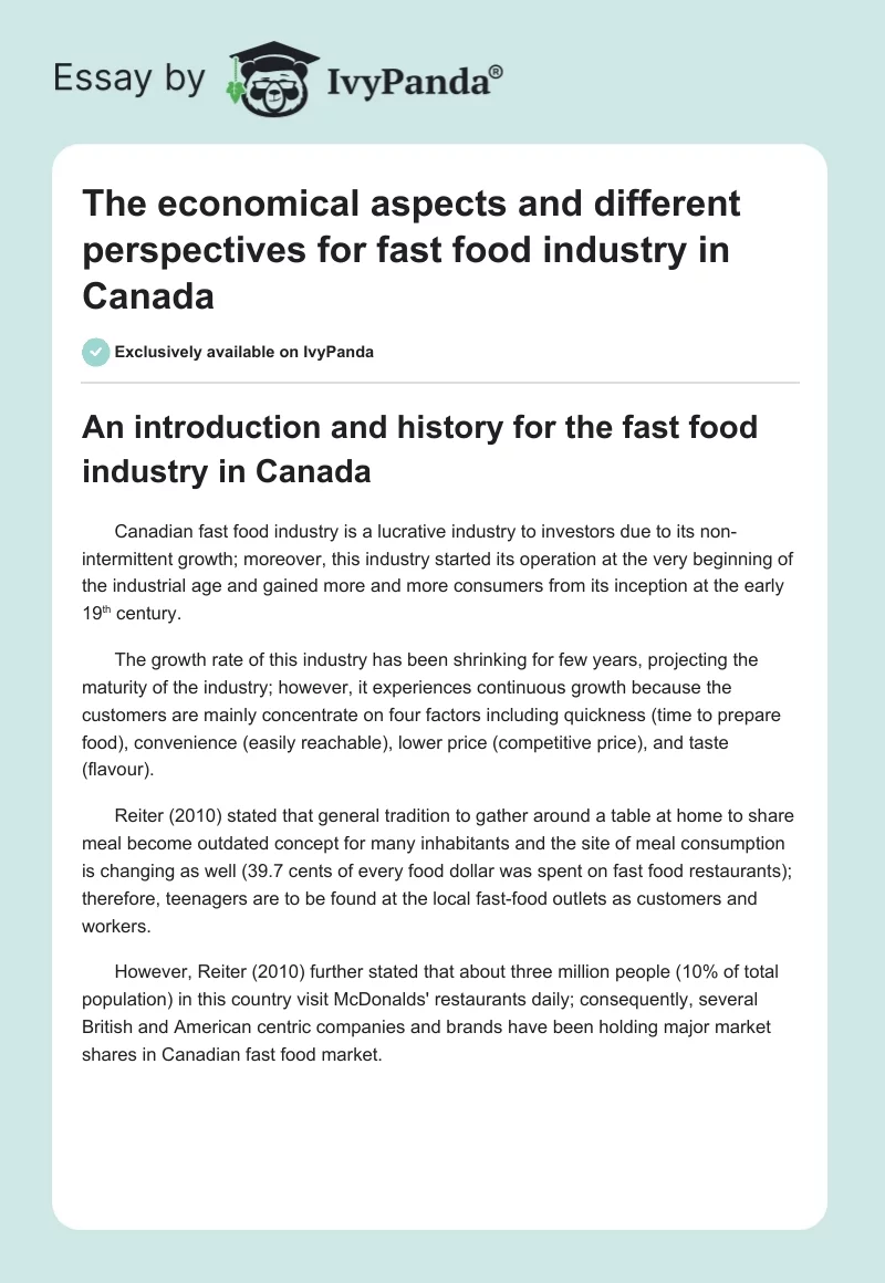 The economical aspects and different perspectives for fast food industry in Canada. Page 1