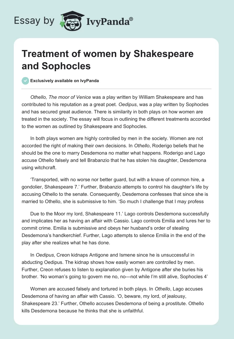 Treatment of Women by Shakespeare and Sophocles. Page 1