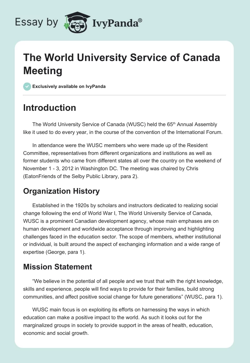 The World University Service of Canada Meeting. Page 1