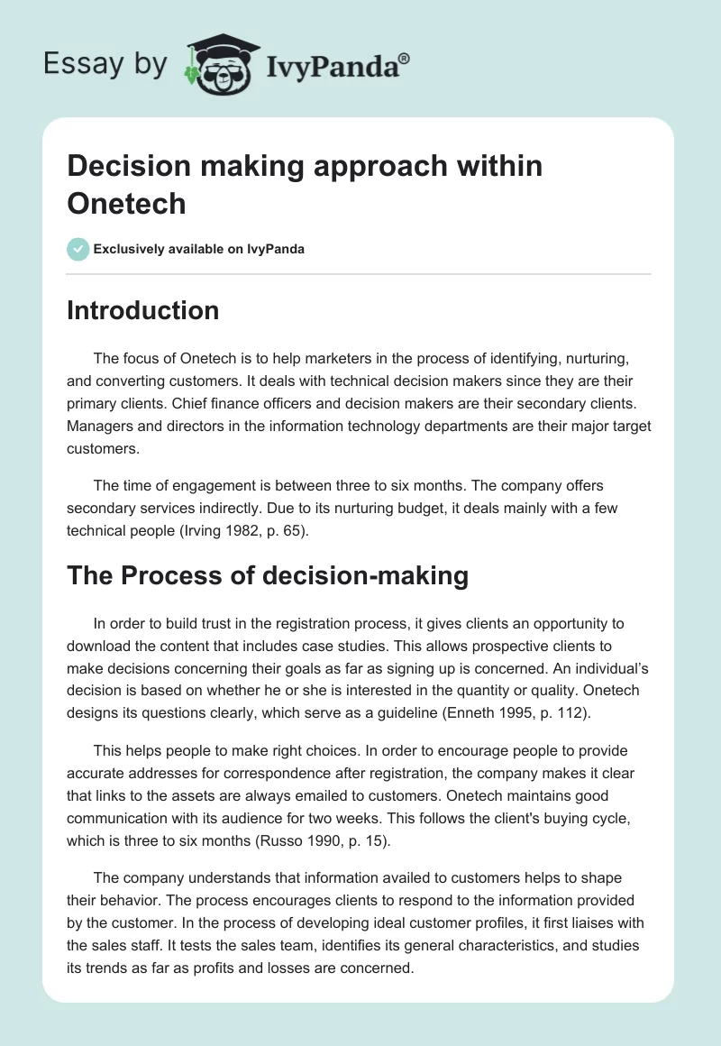 Decision making approach within Onetech. Page 1