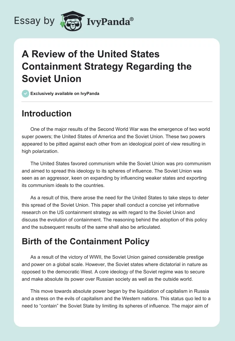 A Review of the United States Containment Strategy Regarding the Soviet Union. Page 1
