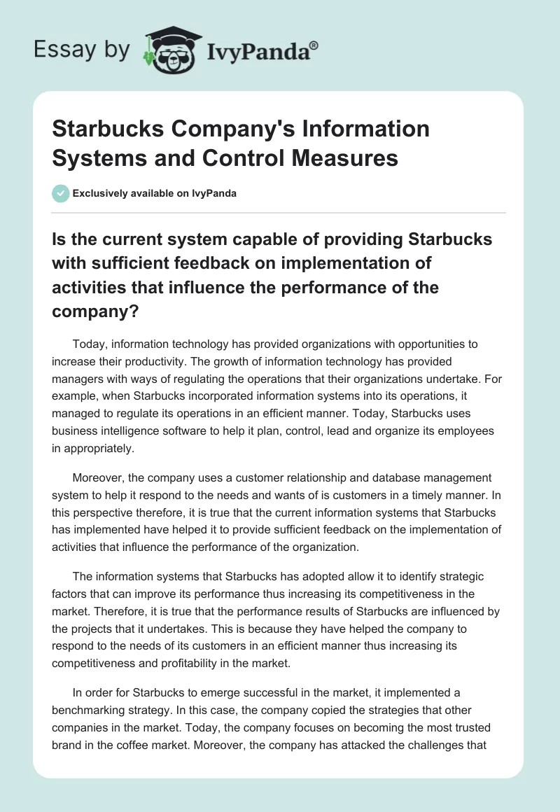 Starbucks Company's Information Systems and Control Measures. Page 1