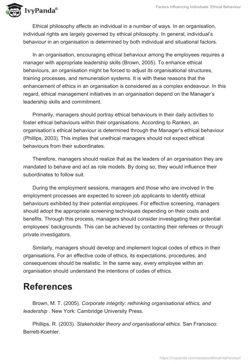 Factors Influencing Individuals’ Ethical Behaviour. Page 2