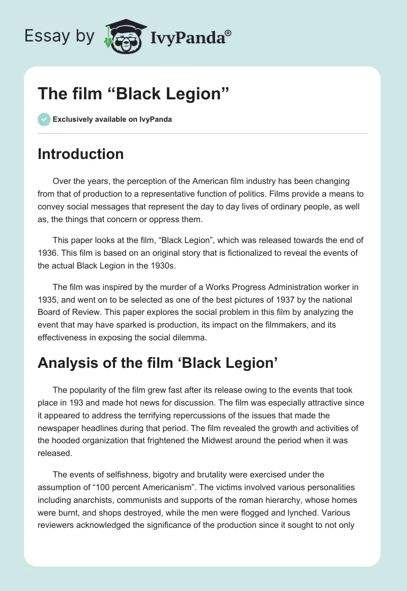 The Film “Black Legion”. Page 1