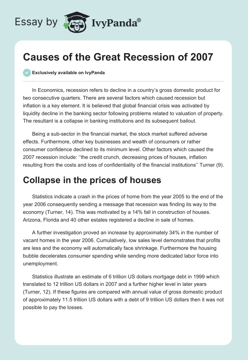 Causes of the Great Recession of 2007. Page 1